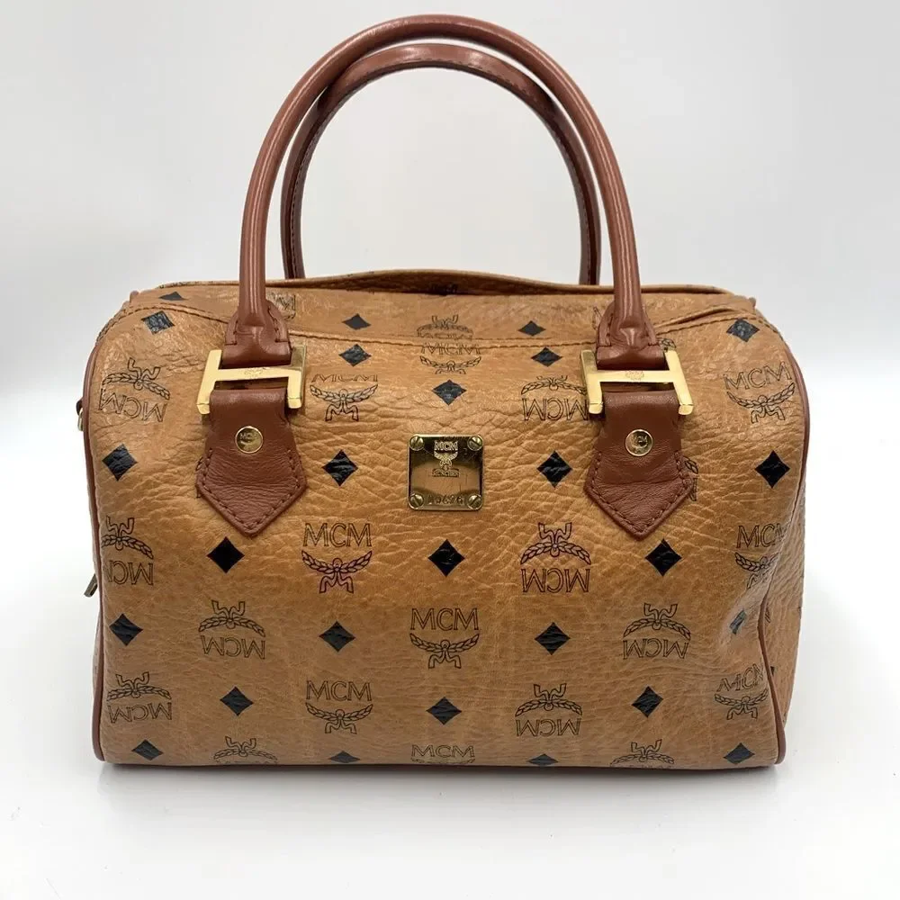 Auth MCM Visetos Cognac Brown Coated Canvas Leather Boston Tote Handbag Preloved